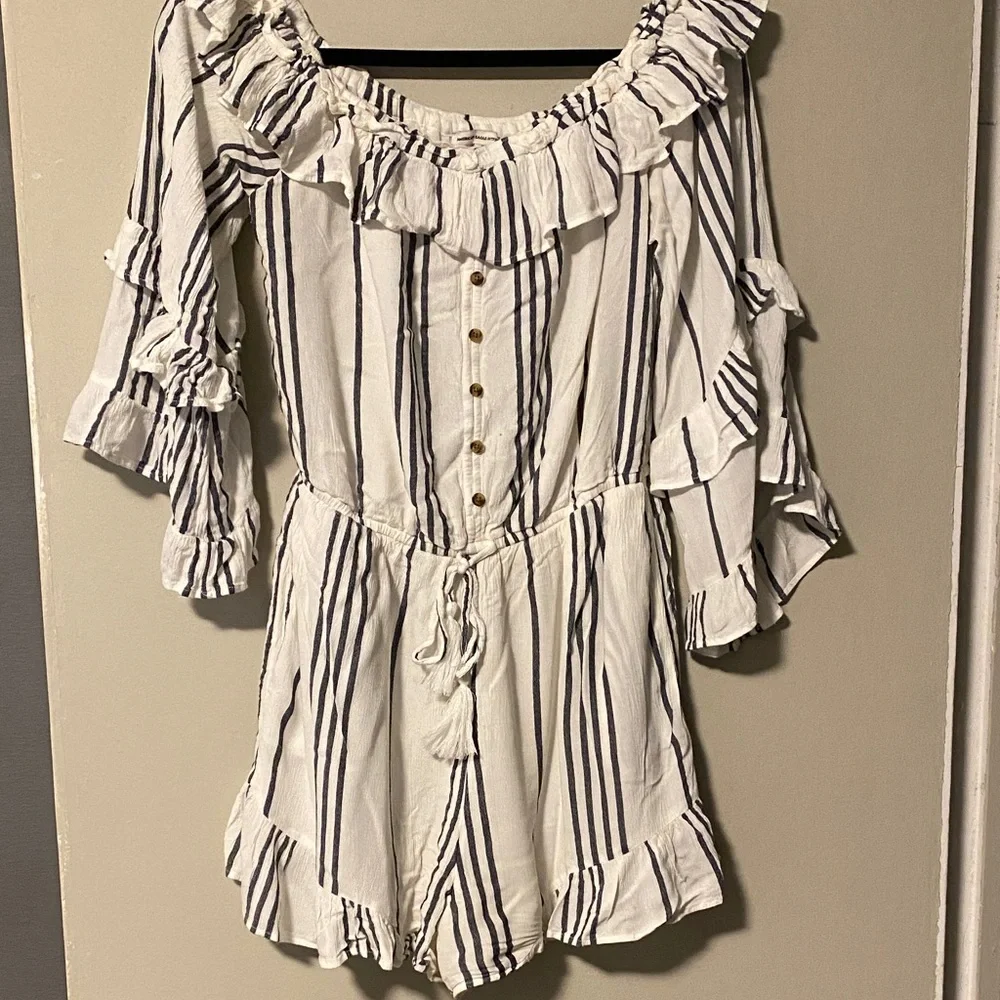 American Eagle Outfitters Off-Shoulder Striped Jumpsuit - White and Blue - Picture 4 of 5